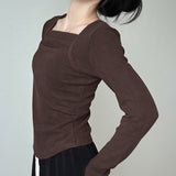 Grinding Long-Sleeved T-Shirt Women's Autumn And Winter With A Repair Body Collar Collar De-Velvet Bottom Shirt Short Top 2025 New