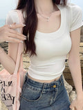 Sweet Hottie Low-Collar Collar Collar Collar Collar Collar Collar Straight Shoulder Short-Sleeved T-Shirt Girl Pure-Want Wind Tight Waist Sexy Short Summer Top