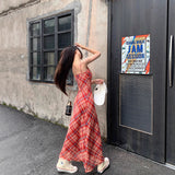 Lace V Collar Red Lattice Sling Dress Girl Spring And Summer Hottie Waist Thin Holiday Bag Hip Long Skirt