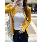 Sweet Babes Yellow Round-Neck Knitted Cardigan Women's Early Autumn Thin Wooden Ear Design Temperamental Coat Beautiful Top