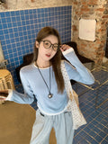 Collider Splicing And Fake Two Shoulder Long-Sleeved T-Shirts For Girls Spring Folds To Collect The Waist Thin Round Collar Inside The Top Of The Top