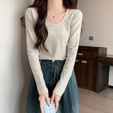 White Flower Gray Cotton Large U Collar Long-Sleeved T-Shirt Design Dew Collar Elasticity To Put On The Bottom Of The Coat