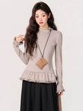 Autumn And Winter New Wooden Ear Lace Half-High Collar Long-Sleeved T-Shirt With Dehing Thicken Repair Body Dress Woman