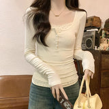 French Fake Two Broken Lace Long-Sleeved T-Shirt Design Square Collar Collar Collar In Autumn And Winter On The Bottom Shirt Top