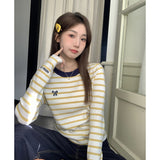 Yellow Striped Round-Neck Print Knitted Bottom Shirt Long-Sleeved Women Autumn And Winter Front Shoulder Design Feel Small Man Top