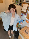 Korean Bow Print Blue Vertical Striped Shirt Women's Autumn Chic Lazy Long-Sleeved Coat Thin