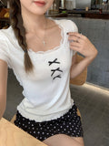 New Ballet Style Lace Splicing U-Neck Short-Sleeved T-Shirt Spring Women's Bow Wood Ear Temperament Beautiful Top