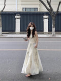 French Retro Ink Print Sling Dress Women's Summer Beautiful Temperament To Close The Waist And Bare Seaside Holiday Dress