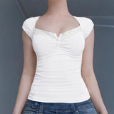 Dili 2025 Spring/Summer Y2K Sexy Knitted Lace Short-Sleeved Top Women's T-Shirt