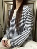 Korean Vintage High-Sense Blue Striped Long-Sleeved Knitted Sweater Women's Autumn And Winter 2025 Loose Coat