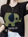 This Year's Popular Summer Thin Letter Small Elephant Short-Sleeved Ice Knitted Shirt Women Reduce The Age Of Loose Round Collar Blouse T-Shirt