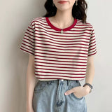 Fresh Green Striped T-Shirt Women's Summer Short-Sleeve 2026 New Loose Round Collar Sympathizes With Niche Clothes