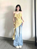 Designing A Sense Of Yellow Lattice Loaf Side Sling Female Summer Hottie Wear Long Irregular Ribbon Sleeveless Top