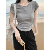 Summer Solid Color Shoulder Embroidery Round Collar Age Reduction Short-Sleeved T-Shirt Waist Folds To Collect Waist Thin Elastic Short-Term Coat