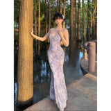 Sexy Pure Ambience Feeling Back Purple Dress Slimy Tossed Fishtail Holiday Dress