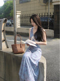 French Lace Splicing V-Neck Blue Floral Vest Dress Female Summer Temperament Seaside Beach Dress