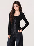 Korean Wave Point With Bow Knitted Women 2026 Autumn And Winter Pit Strip V Collar Long Sleeve Bottom Shirt Top