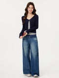 Tibetan Blue Hollow Long-Sleeved Knitted Open Shirt Folded Sling Vest Design Lace Fart Trousers Suit Female Spring