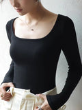 2025T Collar Ribs Fabric Autumn Bottom Shirt Black Low-Necked Women's T-Shirt Striped Splicing