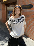 Korean Pure Desire To Write A Shoulder-Slanted Letter Printed Short-Sleeved T-Shirt For Women's Summer New Loose Thin Blouse