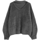 White Hanging Neck Horse Hair Sweater Women Autumn And Winter V Collar With Knitted Bottom Shirt Soft Porridge Velvet High-End Top