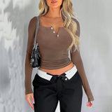 Dili Women's Top 2025 Spring And Summer Y2K Casual Solid Color Repair V-Neck Long-Sleeved T-Shirt