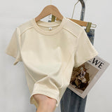 Solid Color Round-Neck Short Sleeves T-Shirt Women 2026 Summer European Goods New Gas-Retro-Ageed Fish Bone Short Shoulder Shirt