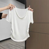 Milk Yellow White Sweet Hottie Low-Necked Short-Sleeved Woman Shoulder T-Shirt Summer Design Folds To Receive Collarbone Top