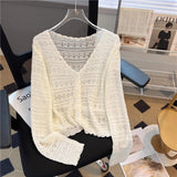 White Hollow Knitted Cardigan Girl Thin Long-Sleeved Ice Silk Shawl With Sling Skirt Air-Conditioning Shirt Summer
