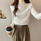 French Temperament Shoulder Lace Side Bottom T-Shirt T-Shirt Women Autumn And Winter Plus Velvet Half-High Collar Long Sleeves To Put On The Top