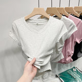The Design Of The V-Neck Feels The Waist-Skinny Short-Sleeved Cotton T-Shirt Women's Summer Temperament Short-Term Irregularly Set Up On The Shoulder