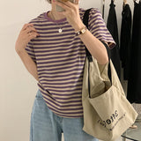 Short-Sleeved T-Shirt For Women 2025 Summer Fruit Green Stripes New Loose Shoulder Unique Comfortable Tuck