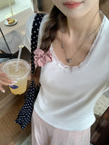 Solid Color Lace Side Splicing Side Collar Short-Sleeved T-Shirt Girl Spring New Sweet Hot Girl Folded Into The Bottom Shirt To Put On The Top