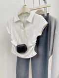 Design Feel Waist Polo Collar Front Shoulder Short-Sleeved Women's Top Summer Hottie V Collar Slimy T-Shirt