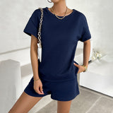 Dili Women's Clothing 2025 Summer Solid Color Knit Round Collar Top Shorts Casual Two-Piece Set