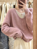 Design Fake Two Pink Knitted Women Autumn Vintage Sweet Lazy Wind Inside Sweater High-End Blouse