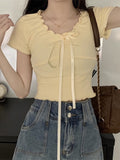 Design Wood Ear With Short-Sleeved T-Shirt For Women's Summer Pure-Want Style Slim Short V-Neck Top Hot Girl