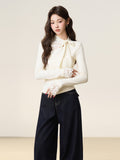 Autumn And Winter Apricot Lace Bow Tie With T-Shirt Long-Sleeved Bottom Shirt With Grinding Plus Velvet Design Top Women's Clothing