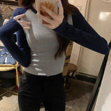 Vintage Shoulder Design Feeling Long-Sleeved T-Shirt Girl Autumn Bump Color Plugged Shoulder Thread Hot Girl Tight Body In Tide