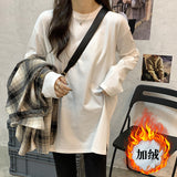 White Long-Sleeved T-Shirt Women Loose Inside The Folded Wearing Long Plus Velvet Top Dress Spring And Autumn Dress Bottom Shirt