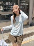 Blue Round Neck Stripes Crash Cool Long-Sleeved Hoodie T-Shirt Girl Summer Slim Lazy Blouse