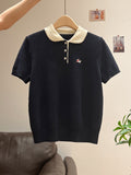 Super Nice Cute Embroidery POLO Collar Knitted Shirt Summer New Button Hood Repair On The Shoulder Short Sleeve Top