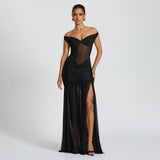 2025 Sexy Chest-Closing Back Dress Fashion Temperament Net Shrink-Up Open Forked Tossed And Hip Dress