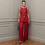 Women's Fashion Gold Buttoned Vest Trousers Two-Piece Casual Suit Women