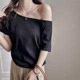Pure Cotton Shoulder Oblique Shoulder Light Blue Loose Short-Sleeved T-Shirt Women Wear High-End Casual Shoulder Design Top