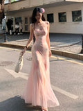 High-Level Rendering Of Broken Floral Dress Women's Summer Super Fairy Pink Dress Sexy Bag Butts Rectender Fishtail Dress