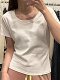 U-Neck Gray With Short-Sleeved T-Shirt For Girls Summer Slime Half-Sleeved Top Low-Necked Shoulder Trussins