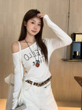 White Oblique Shoulder Letter Print Design Long-Sleeved T-Shirt 2026 Early Autumn New Slimming On The Shoulder