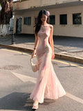 High-Level Rendering Of Broken Floral Dress Women's Summer Super Fairy Pink Dress Sexy Bag Butts Rectender Fishtail Dress