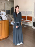 Deep Gray Fake Two Rope Hooded With Long-Sleeved T-Shirt Women 2026 Autumn Zipper Design Feel Bottoming Top